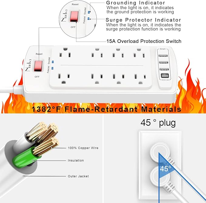 Surge Protector Power Strip - Nuetsa Flat Plug Extension Cord with 8 Outlets and 4 USB Ports, 20 Feet Power Cord (1625W/13A), 2700 Joules, ETL Listed, White