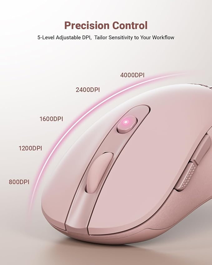 wegear USB Wireless Mouse for Laptop PC Mac, 2.4GHz Cordless Mouse with 6 Buttons, 5-Level Adjustable 4000 DPI, Ergonomic Portable Optical Computer Mice, 24-Month Battery Life-Pink