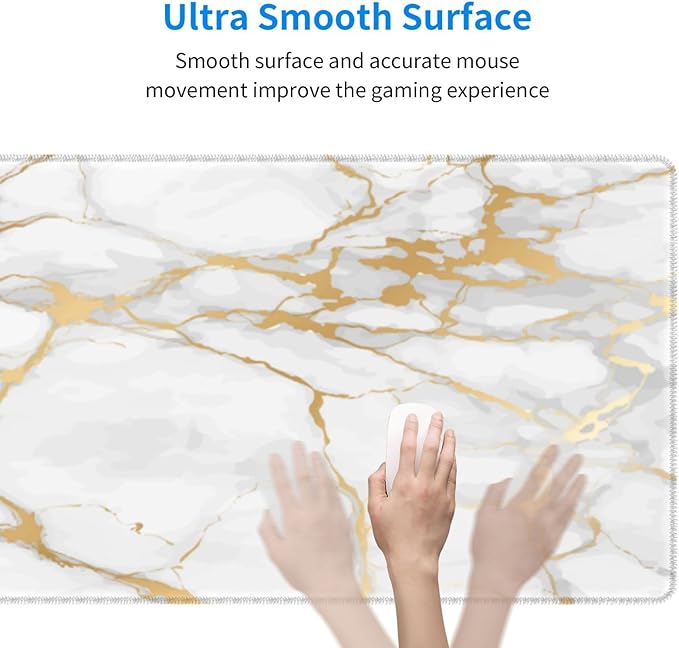 White and Gold Marble XL Large Mouse Pad with Stitched Edges Long Non-Slip Rubber Base Mousepad Laptop Keyboard Mat Desk Pad for Office Home Desk Decor, 31.5" X 11.8"