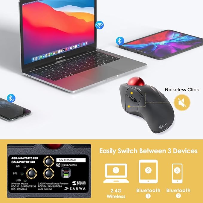 SANWA Bluetooth 5.1 + 2.4 G Wireless Ergonomic Trackball Mouse, Finger Control Roller Ball Mouse, 3 Device Switch, Silent Programmable Buttons, 1000/1600/2400 DPl, Compatible with PC, Windows, MacOS