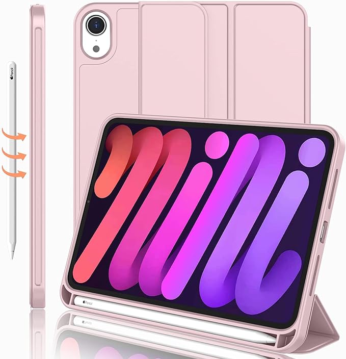 iMieet iPad mini 7 Case 2024 (A17 Pro), iPad mini 6 Case (8.3-Inch,2021 Model), iPad mini 7th/6th Generation Case with Pencil Holder, Trifold Stand Smart Case with Soft TPU Back,Pink