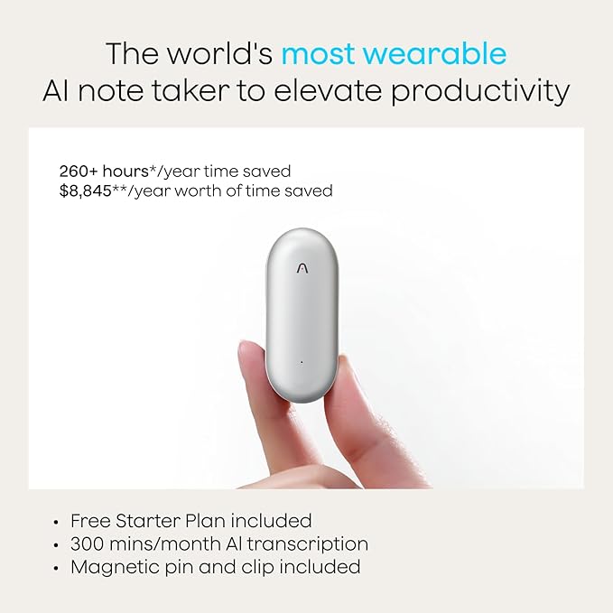 Plaud NotePin Voice Recorder, AI Voice Recorder, AI Note Taker, AI Transcribe & Summarize, Support 112 Languages, for Meetings, Lectures, Professionals, Teams, Lunar Silver, Non-S Version