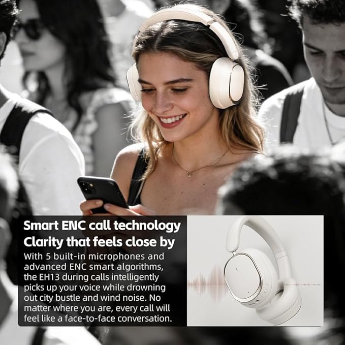 FiiO EH13 Wireless Bluetooth Noise Cancelling Over-Ear Headphones, 42dB Hybrid ANC, 45H Playtime, Foldable for Travel, Work & Commuting (Off-White)