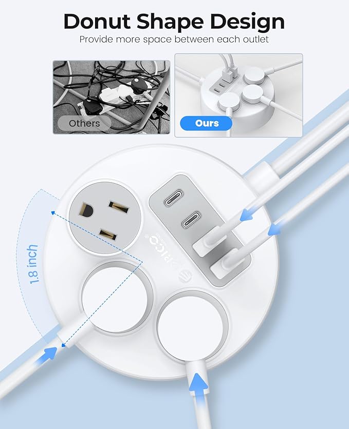 ORICO Power Strip with USB C Ports, Flat Plug Extension Cord with Multiple Outlets, Power Strip with 2 USB-A and 2 USB-C Ports, Compact for Cruise Ship, Travel, Mountable for Office, Home, Dorm-PSO
