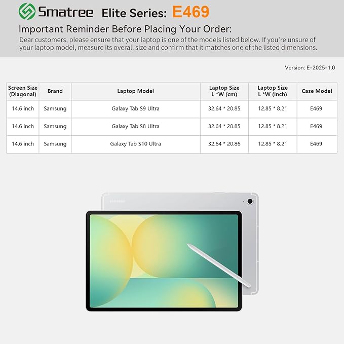 Smatree Laptop Sleeve for 14.6 inch Samsung Galaxy Tab S11 Ultra, for 14.6 inch Galaxy Tab S10/S9/S8 Ultra, Protective Laptop Case with Accessory Pocket, YKK Zipper, Patented Shockproof Design (E469)