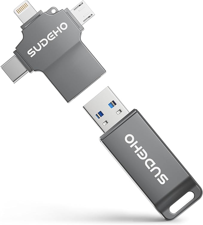 MFi Certified Photo Stick 256GB USB Flash Drive for iPhone, 4 in 1 External Memory Thumb Drive for Picture Video Backup, High Speed Memory Stick Pen Drive for iPhone/iPad/Android/PC (Gun Black)