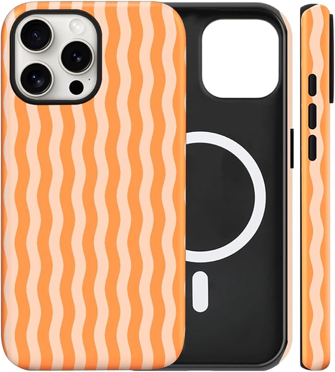 Magnetic for iPhone 15 Pro Max Case Cute Wavy Stripes Phone Case, Shockproof Slim TPU and Hard PC Protective Phone Cover Compatible with MagSafe Designed for Women Girls, Orange