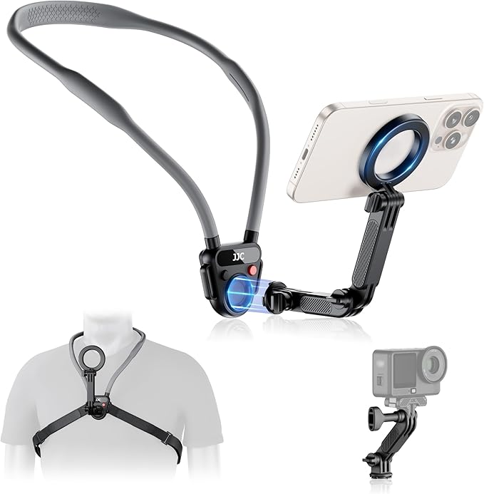JJC Magnetic Neck Mount for Phone & Action Camera, POV Neck Holder for iPhone 17-12 Series Android Phones Gopro Insta360 with Quick Release & Angles Adjustment for Content Creating Video Filming
