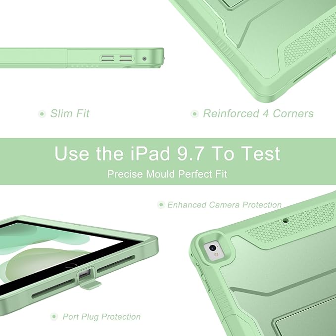 Soke Case for iPad 6th/5th Generation 9.7 Inch 2018/2017,with Built-in Screen Protector and Kickstand, Rugged Full-Body Heavy Duty Protective Cover for Apple iPad Air 2 /Pro 9.7 - Matcha Green
