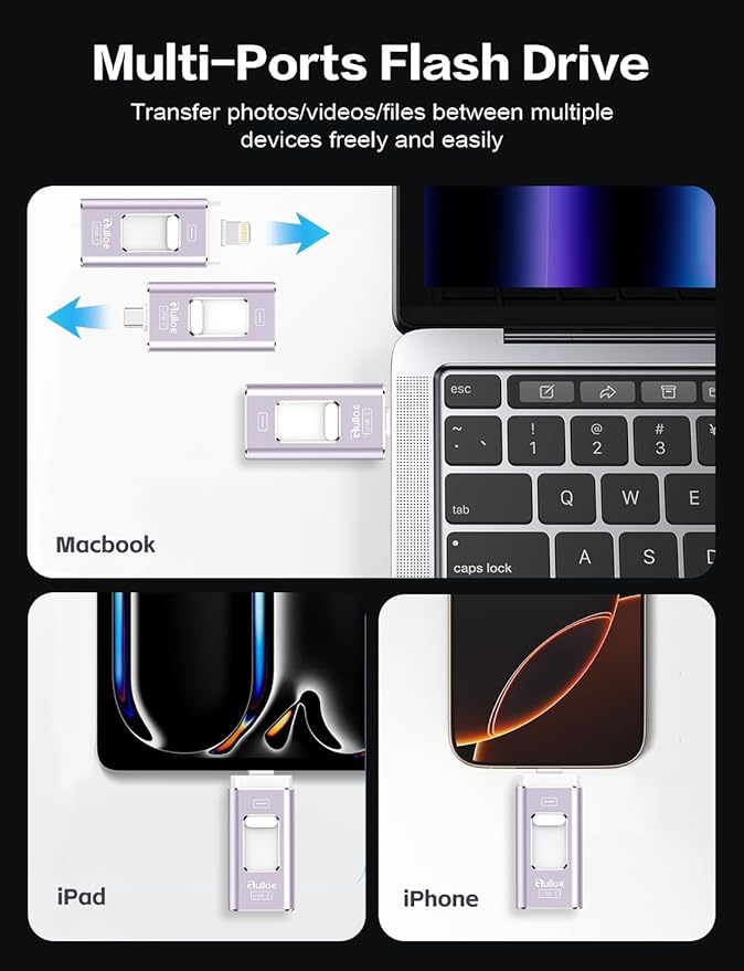Gulloe 256GB Dual Interface Flash Drive for Phone Storage Photos Videos, Phone USB Backup External Photo Memory Stick - No App Required, Compatible with iPhone, iPad, Android & PC (Lavender Purple)