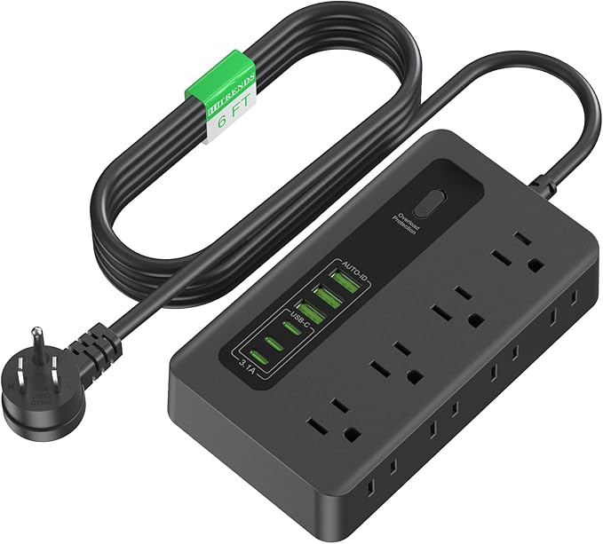 Power Strip with USB, HITRENDS 6 Ft Surge Protector Flat Plug Extension Cord with 8 Outlets 3 USB Ports & 3 Type-C Port (5V/3A), Outlet Extender for Home Office,Black