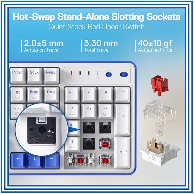 Redragon K685 PRO 104 Keys Wireless Gasket RGB Gaming Keyboard, 3-Modes 100% Layout Mechanical Keyboard w/Hot-Swap Socket, Sound Absorbing Pads & Linear Red Switch, Klein Blue & Oia White
