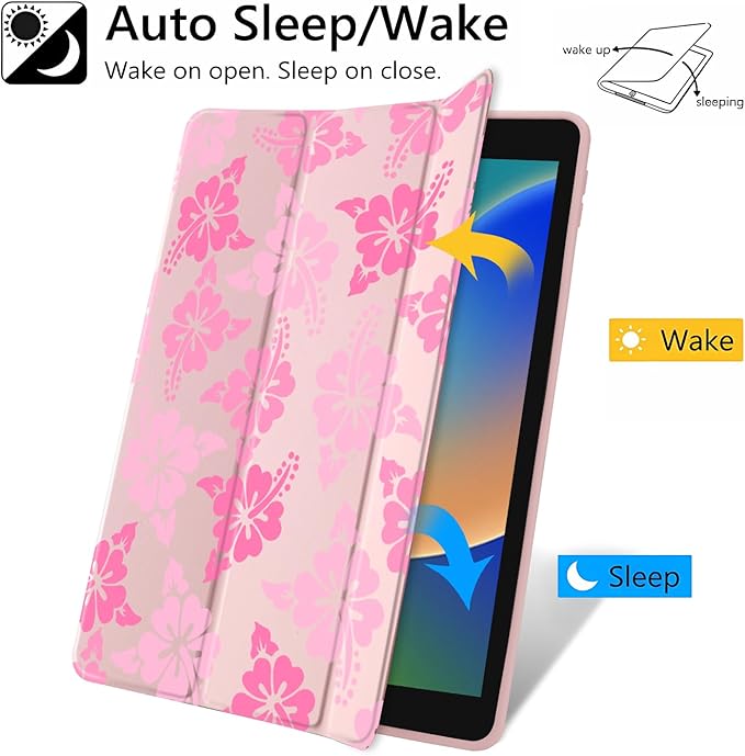 JOYLAND Pink Hibiscus Flower Pattern Case for iPad Pro 11" 4th/3rd/2nd/1st Generation (2022/2021/2020/2018), Clear Acrylic Hard Back Case with Pencil Holder Trifold Stand Tablet Cover