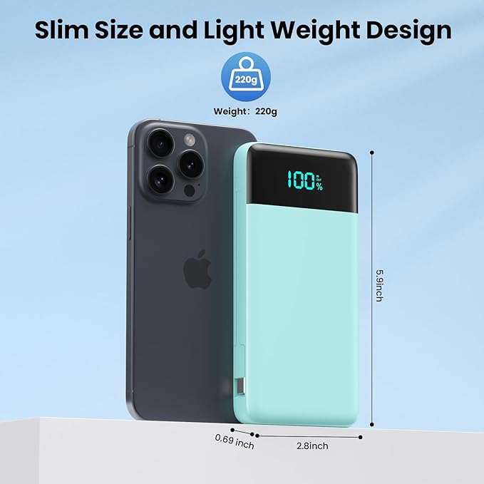 Portable Charger for iPhone,13800mAh Slim Power Bank with Built-in Cables & AC Wall Plug,All in One 4 Outputs USB C Fast Charging Battery Pack Travel Essential for iPhone 17/16/15/14,Android (Green)
