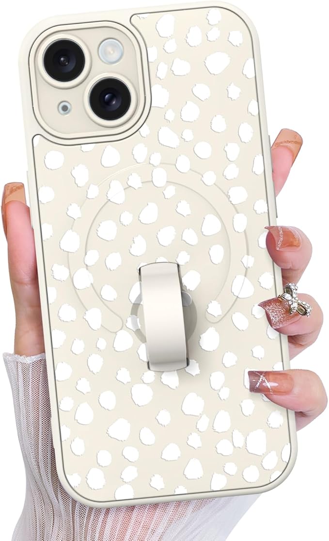 KANGHAR Compatible with iPhone 15 Case, Support for MagSafe, Silicone Speck Leopard Cute Pattern, Wristband Kickstand Camera Protection Soft Slim Cover for Girls Women -White