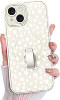 KANGHAR Compatible with iPhone 15 Case, Support for MagSafe, Silicone Speck Leopard Cute Pattern, Wristband Kickstand Camera Protection Soft Slim Cover for Girls Women -White