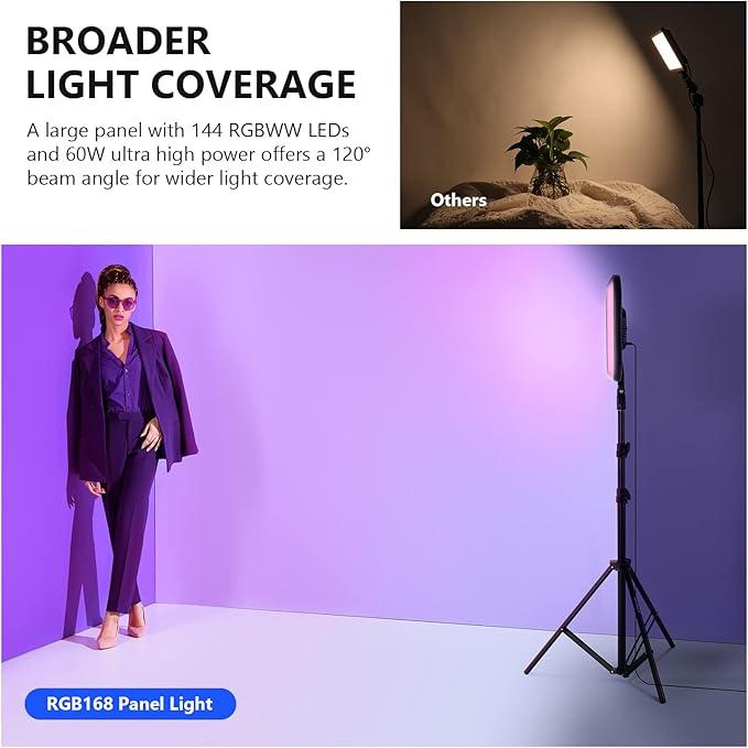 NEEWER RGB168 18.3" RGB LED Video Panel Light with App Control, Bluetooth, 2 Pack Tripod Stand Kit, 60W/360° Full Color/2500-8500K/CRI97+, Studio Photography/YouTube/Game Streaming