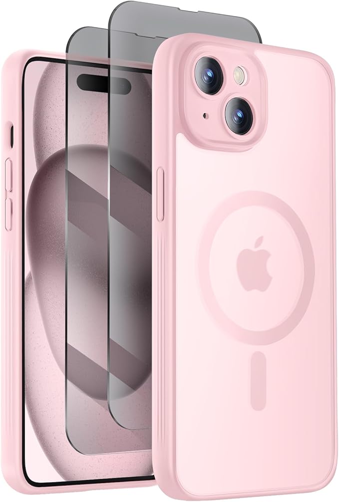 Symcele Designed for iPhone 15 Plus Case, Compatible with MagSafe, with Privacy Screen Protectors X2, [Camera Protection] [15FT Military Drop Protection] Shockproof Phone Case, 6.7", Pink