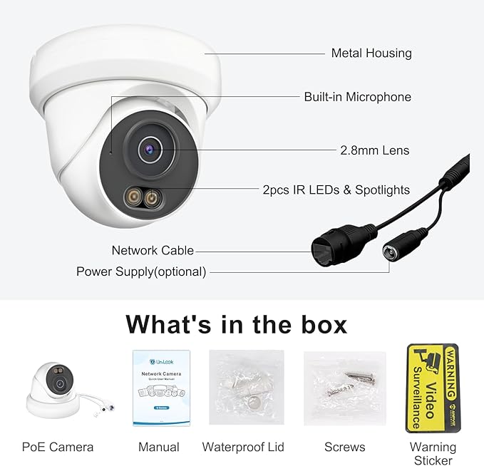 UNILOOK 4MP PoE Camera, Turret Security PoE IP Camera Outdoor Indoor Wired, Smart Dual Light Color Night Vision, Human Motion Detection, Audio/Microphone, IP66, 2.8mm, Metal Housing, NDAA