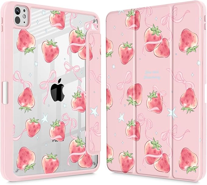 May Chen for iPad Pro 13 Inch Case M5 2025 / M4 2024, Built Pencil Holder & Clear Transparent Print Back Shell Slim Stand Shockproof Tablet Cover, Auto Wake/Sleep, Bow Strawberry
