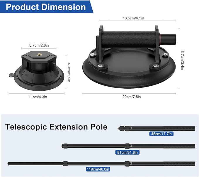 Triple Suction Cup Car Mount Kit for Insta360 with Extension Pole/Selfie Stick, Strong Vacuum Suction Cup Windshield Dashboard Camera Mount for Insta360 x5, GoPro, DJI OSMO with Action Camera Adapter