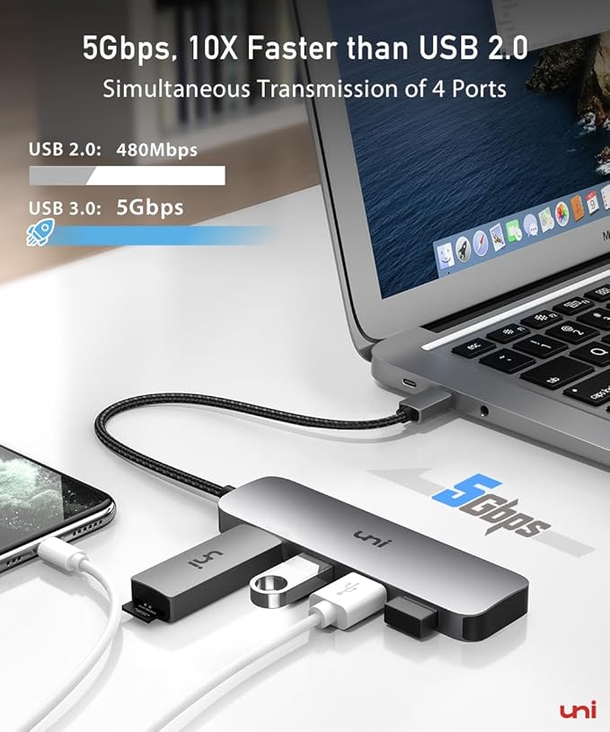 uni USB C to USB Hub Multiport Adapter, Aluminum 4 Ports USB C Splitter for Laptop, Slim Thunderbolt 3/4 Data USB Hub Compatible for MacBook Pro/Air, iPad Pro, Dell, Chromebook | Keyboard, Mouse, HDD