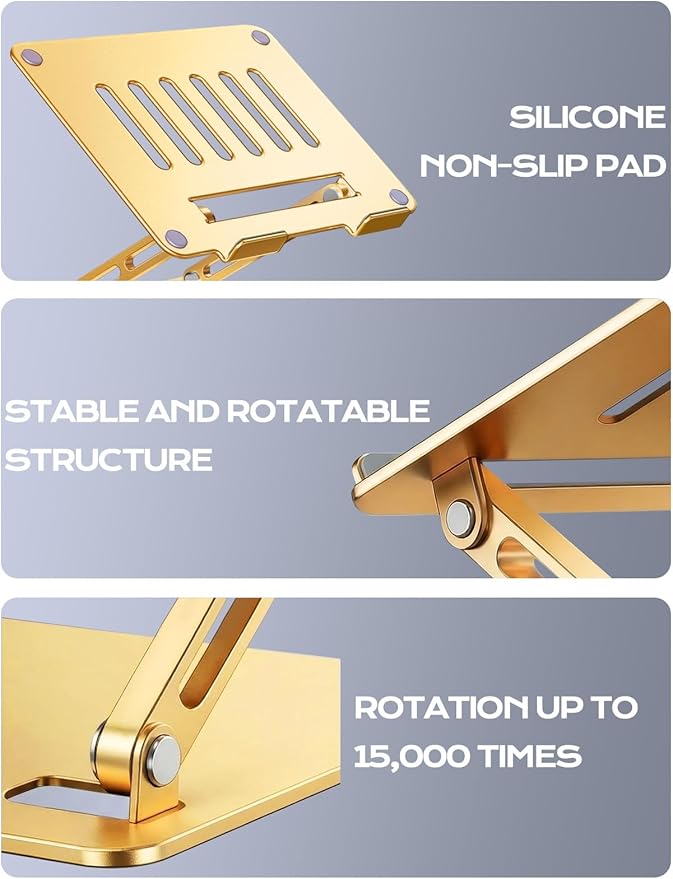 LOXP Aluminum Laptop Stand, Portable Laptop Riser, Adjustable Laptop Stand for Desk Foldable, Ergonomic Computer Notebook Holder for Desk, Office Desk Accessories (10-15.6'') - Gold