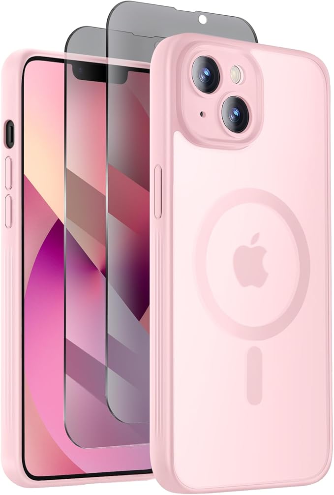 Symcele Designed for iPhone 13 Case, Compatible with MagSafe, with Privacy Screen Protectors X2, [Camera Protection] [15FT Military Drop Protection] Shockproof Phone Case, 6.1", Pink