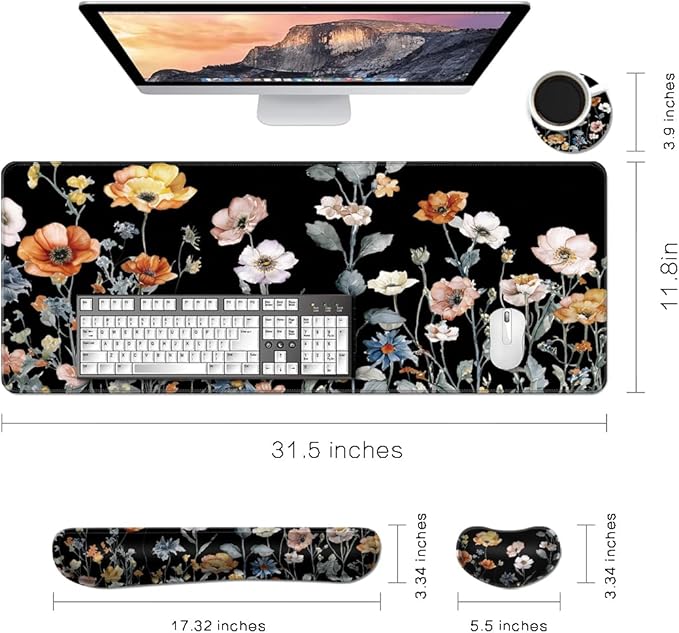 MIBITRI Keyboard Mouse Pad Set, Extended Gaming Mouse Pad+Ergonomics Keyboard Wrist Rest Support, Memory Foam, Easy Typing Pain Relief, 4Pcs XXL Ultra Thick Desk Mat, Flower Black