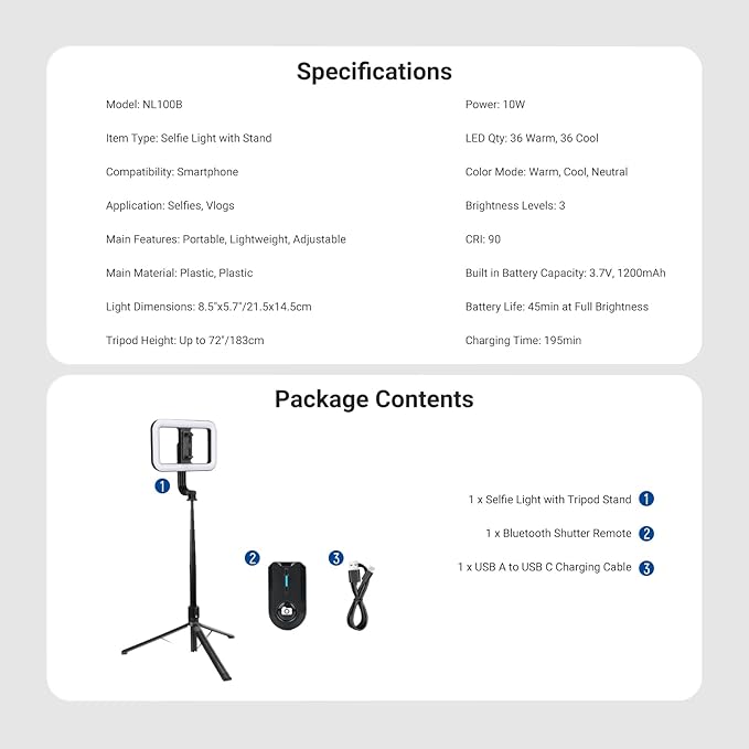 NEEWER Basics 10W Selfie Light with Tripod Stand, 1200mAh LED Square Ring Lighting, 72" Selfie Stick Phone Holder Compatible with iPhone, CRI90 3 Modes Remote for Travel Vlog Video Recording, NL100B