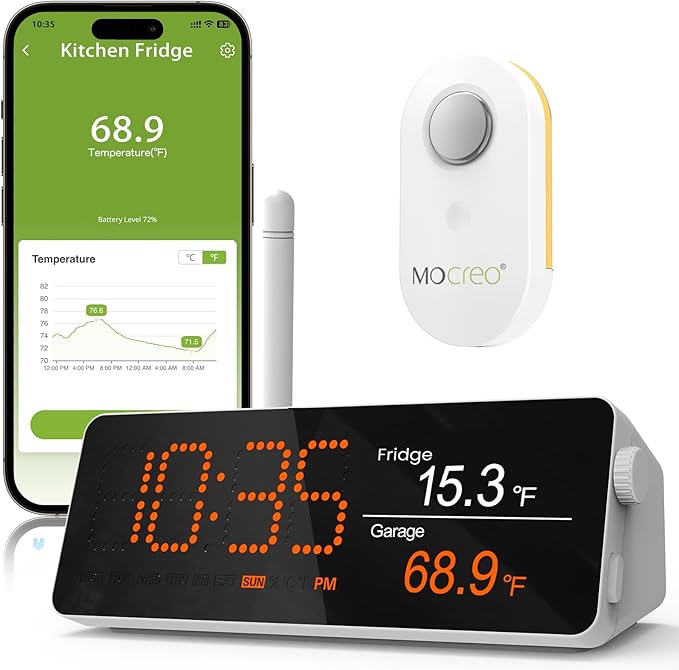 MOCREO WiFi Remote Refrigerator Thermometer, 1/3 Mile Long Range Freezer Alarm, IP66 Waterproof, App Email Alert, with Digital Monitor Hub, 1 Smart Wireless Temperature Sensor for Kitchen, Fridge, RV