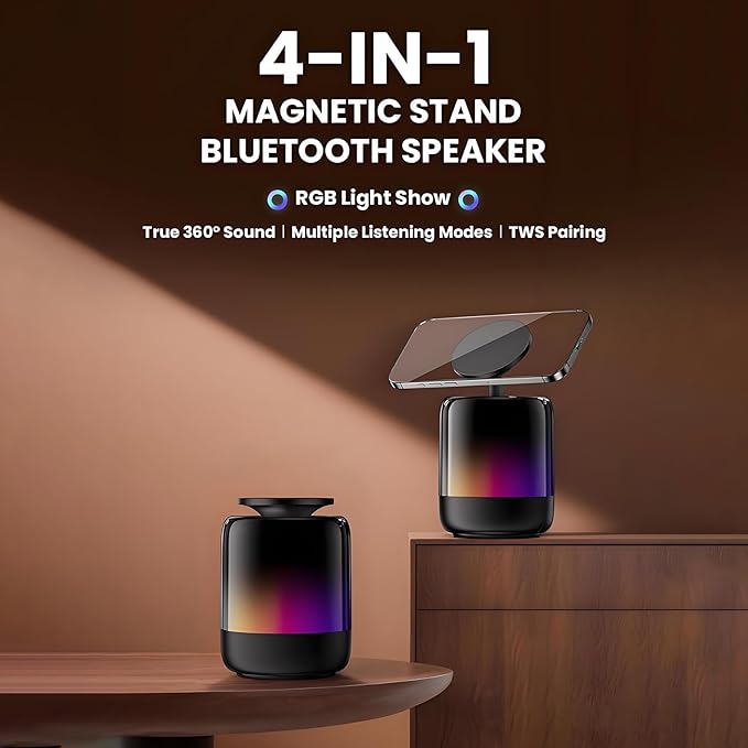 Magnetic Bluetooth Speaker, N52 Magnet Phone Holder,600mAh RGB Light Magnetic Speaker, 12Hrs Night Light Play, 360° Sound, Type-C, TF Card, TWS Stereo Pairing, Ideal for Camping, Fitness