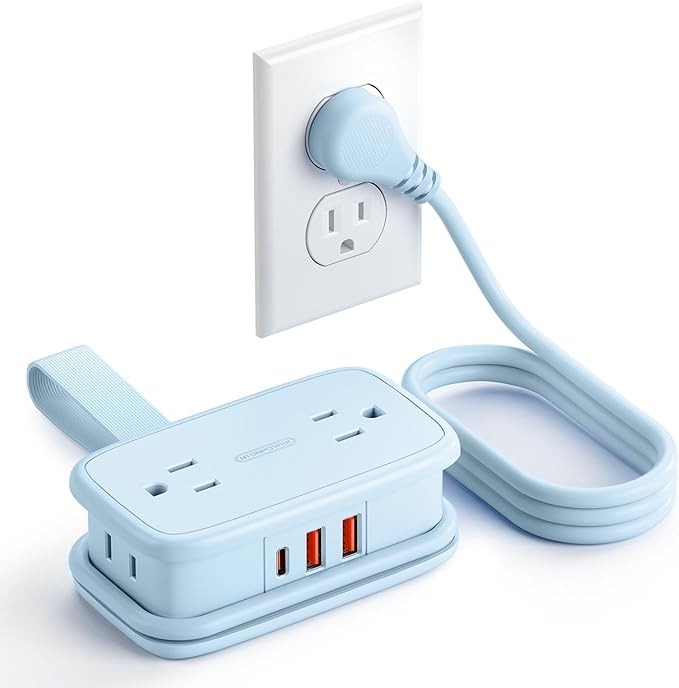 NTONPOWER Blue Travel Power Strip 20W, Travel Essentials 4 Outlets 3 USB(1 USB-C) with 4FT Wrapped Extension Cord Flat Plug, Vacation Essentials for Hotel Travel Camping Cruise Essentials 2026