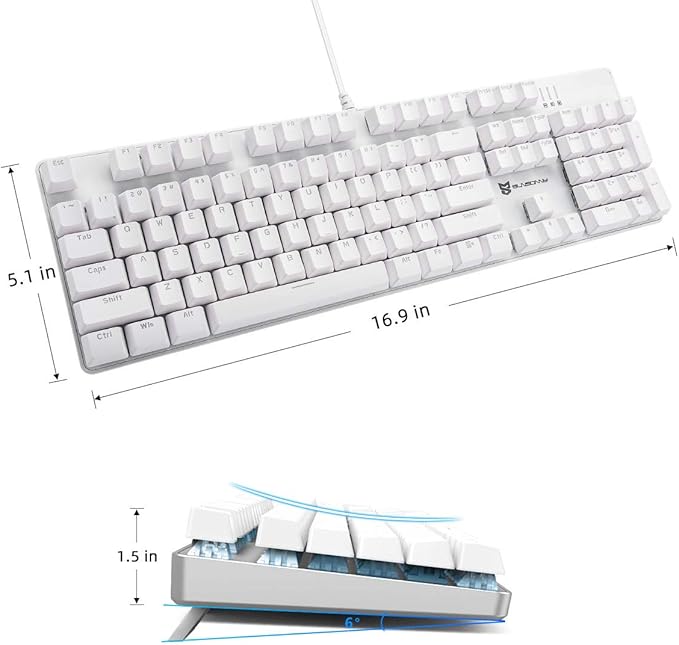 Merdia 104 Keys Full Size Mechanical PC Gaming Keyboard | Brown Switch Hot Swappable White Mechanical Wired Computer Keyboards | Ice Blue LED Backlit 104 Keys US Layout Light Up Wired Gaming Keyboard