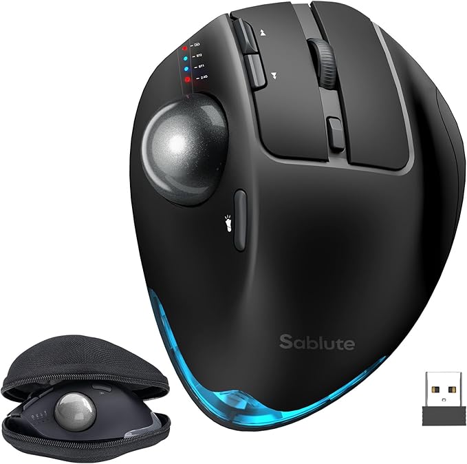 SABLUTE MAM1 Pro Wireless Trackball Mouse, Hard Travel Case (Include) Ergonomic Bluetooth Rechargeable Computer Mice with 5 Level DPI, Adjustable Angle, 3 Devices Connection for PC, Mac, Windows