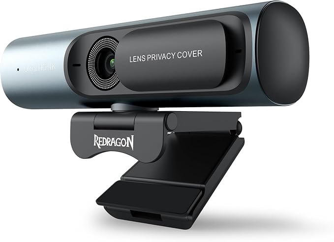 Redragon GW911 4K Webcam for PC, Ultra HD with Dual Noise-Cancelling Mic, PDAF Auto Focus, Auto Light Correction, Plug & Play, Privacy Cover – Works w/Zoom/Teams/Skype/Google Meet