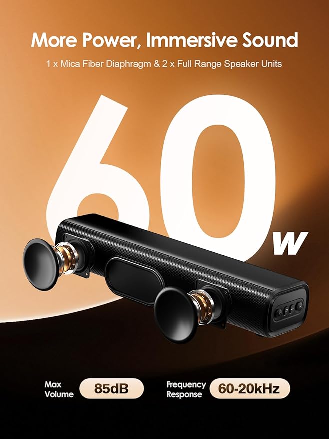 Rythflo 60W Bluetooth Sound Bar, 16 inch Compact TV Soundbar with Remote, 8 Flame Light Modes, Optical/ARC/AUX/RCA Connections, Wall-Mountable Home Theater Speaker for TV, PC, Projector, Gaming