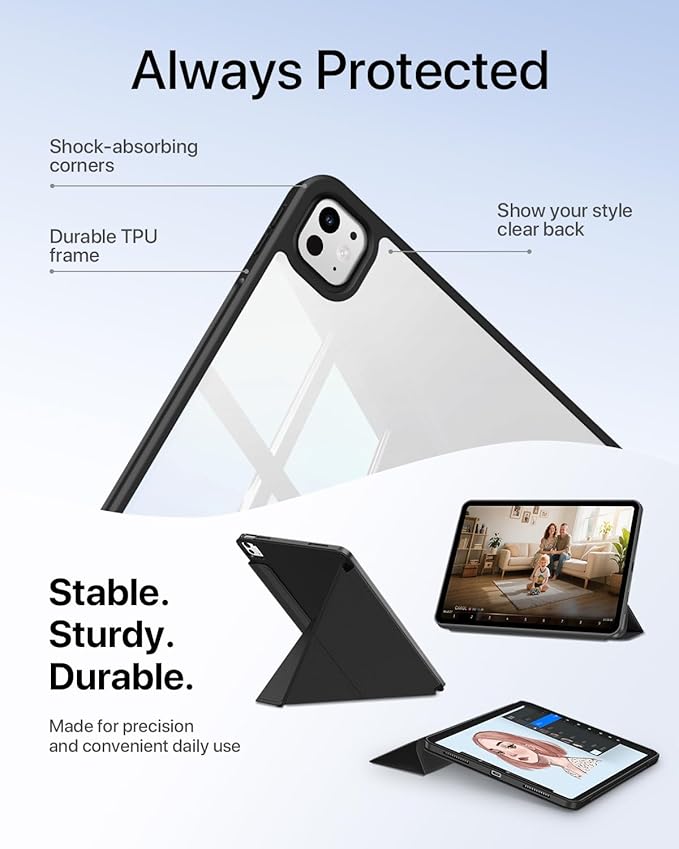 for iPad Pro 13 inch Case M5/M4 (2025/2024), Multi-Angle Y Fold Stand Magnetic Premium PU Leather Full Protective Case with Hidden Pencil Holder (Midnight Black)