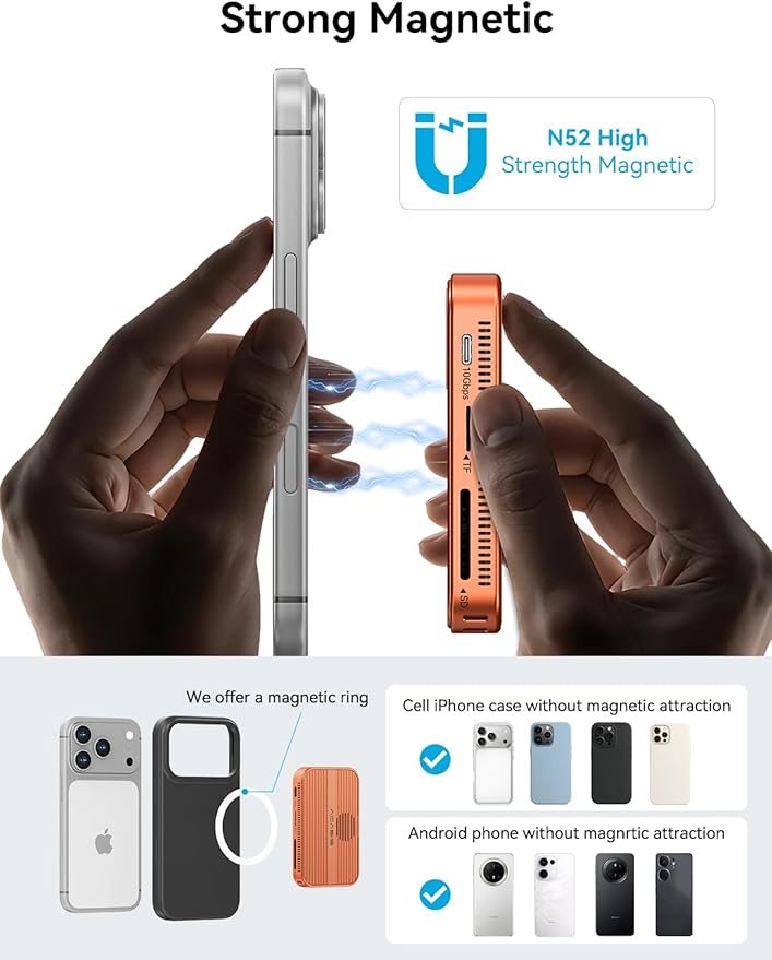 ACASIS 10Gbps Magnetic M.2 NVMe SSD Enclosure With 4K ProRes Recording M.2 EnclosureCompatible IPhone 17/16/15 Pro/Pro Max Magnetic SSD Enclosure with Cooling Fan For Video Editor/Blogger/Videographer