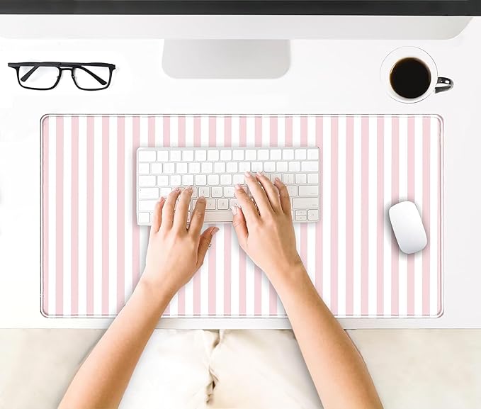 Pink Striped Desk Mat Cute Pastel Large Mouse Pad Kawaii Aesthetic Extended Mat for Home Office Desk Decor for Women Cozy Gaming Keyboard Pad 31.5 X 15.7