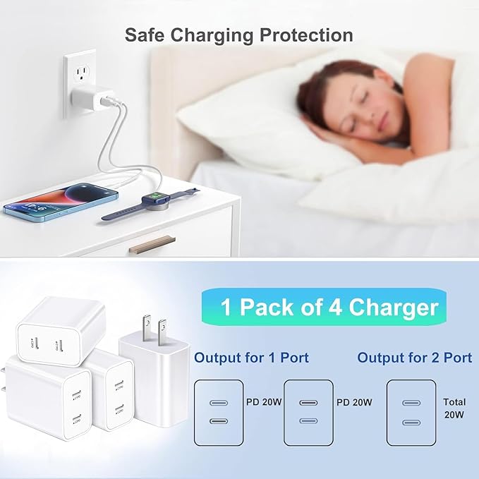 USB C Charger Block,4-Pack Dual Port USB C Fast Charging Block,2in1 Dual Ports Plug Wall Chargers,Type C Wall Charger Plug for iPhone 17/17 Pro/17 Pro Max/17 Air/16e/15 Plus/14/13/12 Pro/11/XS/XR/X