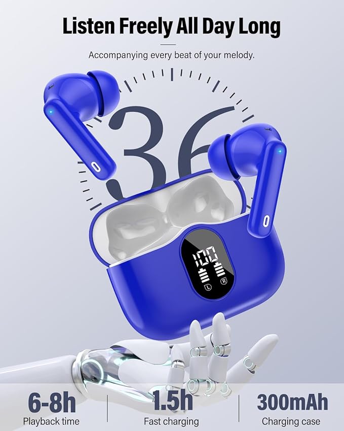 Btootos Wireless Earbuds, Bluetooth 5.4 Headphones Bass Stereo, Ear Buds with Noise Cancelling Mic, IP7 Waterproof in Ear Earphones, 36H LED Display Bluetooth Earbuds for Laptop Pad Phones, Navy Blue