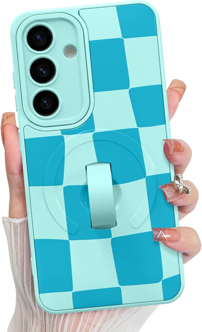 KANGHAR Compatible with Samsung Galaxy S25 Case, Support for MagSafe, Silicone Checkered Cute Pattern, Wristband Kickstand Camera Protection Soft Slim Cover for Girls Women -Blue