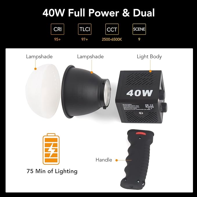 M60 Handle LED Video Light with Soft Box Protable Mini COB LED Bi-Color 2500-8500K CRI≥95 TLCI≥97 Built-in 3400mAh Battery Photo Studio Lights Vlog Shoot Fill Lighting 8 Scenes (M60 Handle lamp)