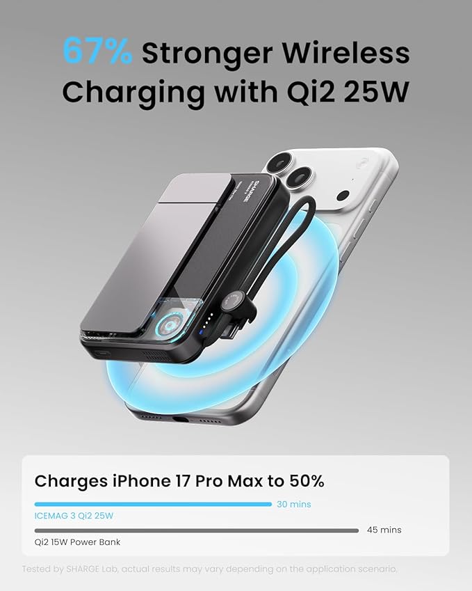 sharge ICEMAG 3 MagSafe Portable Charger, Qi2.2 25W Magnetic Power Bank 10000mAh with 35W Built-in Cable, Active Cooling& Foldable Stand, Transparent Design for iPhone 17/16 Series-White