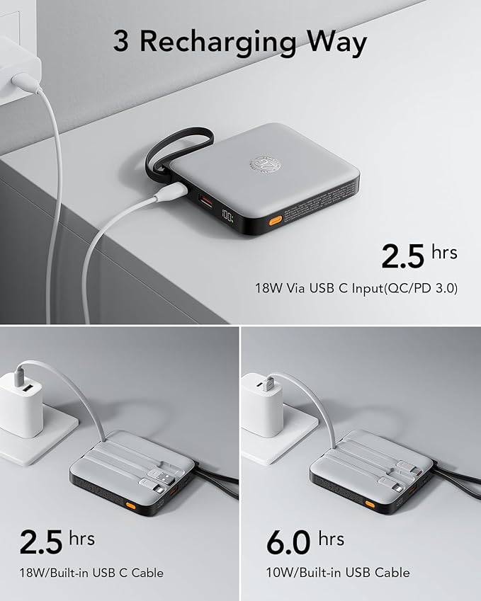 VRURC Portable Charger with Built-in Cable, 10000mAh 22.5W Fast Charging USB C Battery Pack, Cell Phone Power Bank for iPhone 17 16 15 Series Android Tablet (Grey)