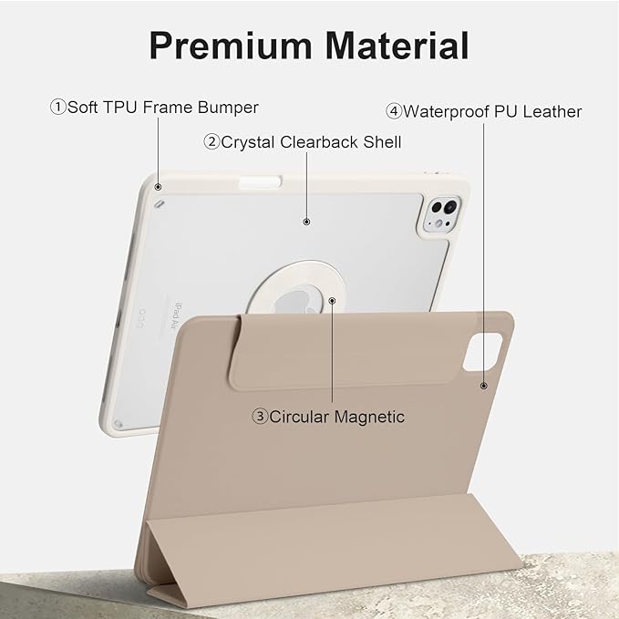 Case for iPad Pro 11 inch M5/M4 (2025/2024, 6th/5th Generation), Removable and Detachable Magnetic Cover with Pencil Holder, Vertical Adjustable Stand, Tri-Fold Multi-Angle, Oat Coffee+White