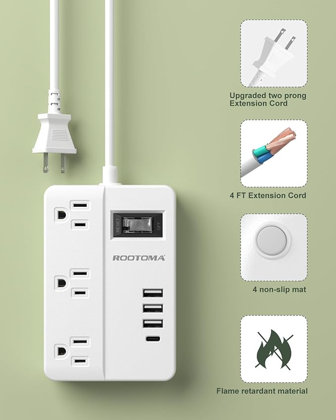 2 Prong Power Strip with USB-C, ROOTOMA 2 Prong to 3 Prong Outlet Adapter, 1080J 2 Prong Surge Protected with 3 Outlet & 4 USB, 3 Prong Adapter 4ft, for Polarized Two Prong Outlet, Old House, White