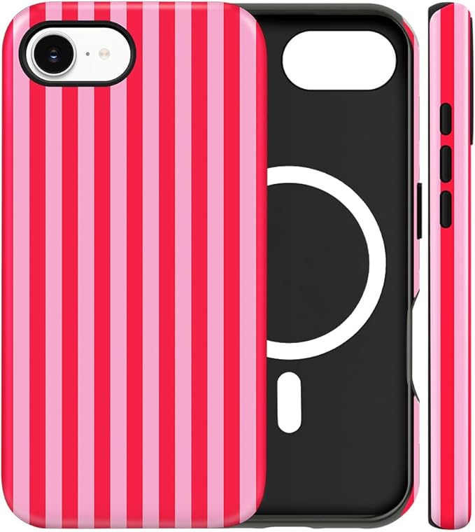 Magnetic for iPhone 16e Case Cute Stripes Phone Case, Shockproof Slim TPU and Hard PC Protective Phone Cover Compatible with MagSafe Designed for Women Girls, Red and Pink
