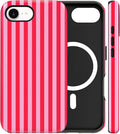 Magnetic for iPhone 16e Case Cute Stripes Phone Case, Shockproof Slim TPU and Hard PC Protective Phone Cover Compatible with MagSafe Designed for Women Girls, Red and Pink